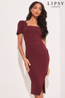 Lipsy Berry Red Square Neck Embroidered Artwork Short Sleeve Bodycon Midi Dress (Q34875) | €81
