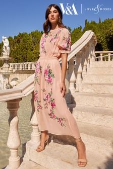 V&A l Love & Roses Pink Embroidered Puff Sleeve Midi Dress (Q34954) | 733 SAR