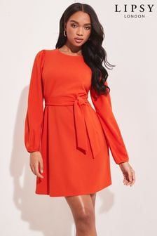 Lipsy Orange Long Sleeve Tie Waist Shift Dress (Q34958) | €25