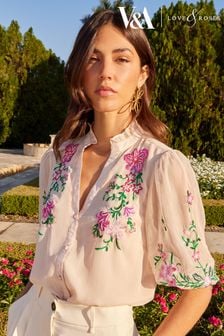 V&A | Love & Roses Pink Floral Embroidered Ruffle V Neck Button Through Blouse (Q34989) | TRY 857