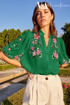 V&A | Love & Roses Green Floral Embroidered Ruffle V Neck Button Through Blouse (Q34990) | €26