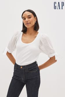 Gap White Puff Sleeve Scoop Neck Ribbed T-Shirt (Q35086) | €13.50