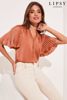 Lipsy Rust Pleat V Neck Front Tie Flutter Sleeve Top (Q35147) | INR 3,764