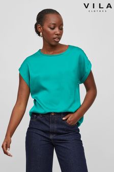 VILA Green Short Sleeve Satin and Jersey Top (Q35435) | AED133