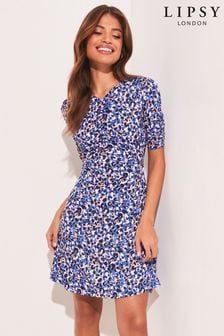 Lipsy Blue Animal Jersey V Neck Ruched Front Short Sleeve Mini Dress (Q35436) | 31 €