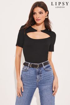 Lipsy Black Hardware Cut Out Short Sleeve Ribbed Top (Q35525) | INR 2,575