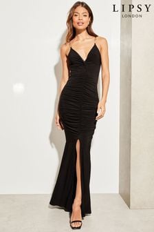 Lipsy Black Chain Trim Ruched Split Fishtail Maxi Dress (Q35585) | 126 €