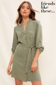 Verde kaki - Rochie mini Friends Like These stil cămașă cu cordon (Q35697) | 221 LEI