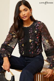 Love & Roses Black Floral Printed Crew Neck Lace Trim Long Sleeve Blouse (Q35961) | ₪ 196