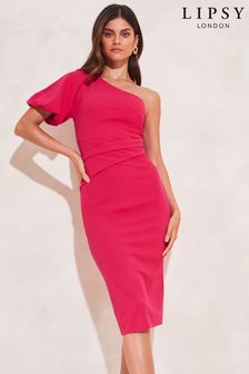Lipsy Pink One Shoulder Puff Sleeve Bodycon Dress (Q36044) | INR 4,734