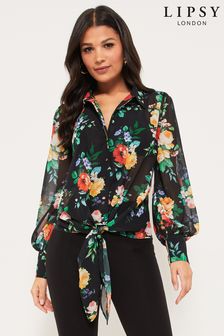 Lipsy Black Floral Tie Front Chiffon Shirt (Q36060) | 27 €