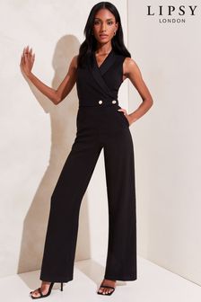 Lipsy Black Sleeveless Tailored V Neck Button Wide Leg Jumpsuit (Q36079) | €54