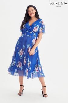 Scarlett & Jo Blue Floral Wrap Bodic Pleated Skirt Midi Dress (Q36086) | €78