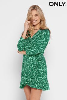 Зеленый цветочный принт - Платье мини с длинными рукавами и запахом Only (Q36298) | €39