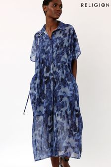 Religion Blue Loose Shirt Dress With Tie Waist In Handpainted Prints (Q36521) | €68