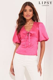Lipsy Pink Print V Neck Tie Front Puff Sleeve Top With A Touch Of Linen (Q36581) | €26