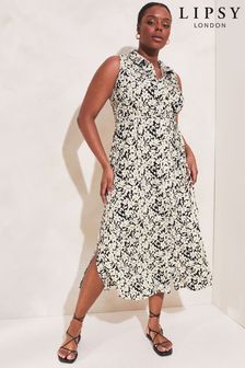 Lipsy BLK/WHT Floral Curve Sleeveless Midi Belted Shirt Dress (Q36600) | €23
