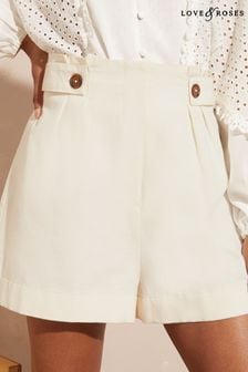Love & Roses White Linen Linen Button Tab High Waisted Summer Shorts (Q36667) | €17