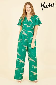 Yumi Green Crane Print Angel Sleeve Jumpsuit (Q36683) | €37