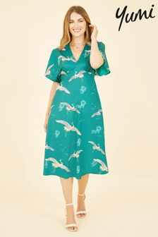 Yumi Green Crane Print Kimono Midi Dress (Q36685) | €31