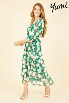Yumi Green Multi Blossom Wrap Midi Dress With 3/4 Sleeves (Q36687) | $107