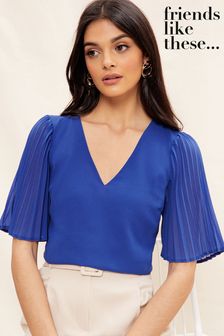 Friends Like These Cobalt Blue Pleat Sheer Sleeve V Neck Top (Q37326) | TRY 612