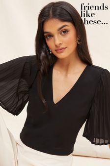 Friends Like These Black Pleat Sheer Sleeve V Neck Top (Q37327) | LEI 179