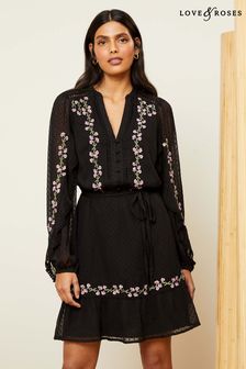 Black Embroidery - Love & Roses Chiffon V Neck Elasticated Sleeve Belted Mini Dress (Q37610) | kr1 060