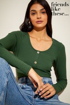 Friends Like These Long Sleeve Scoop Neck Ribbed Button Top