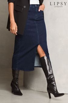 Lipsy Dark Blue Wash Denim High Rise Split Front Midi Skirt (Q37616) | $64