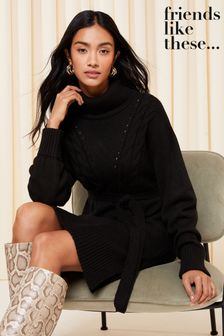 Friends Like These Black Roll Neck Belted Knitted Jumper Dress (Q37617) | 2,403 UAH
