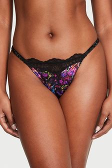 Victoria's Secret Moody Floral Black Lace Thong Shine Strap Knickers (Q37768) | kr370