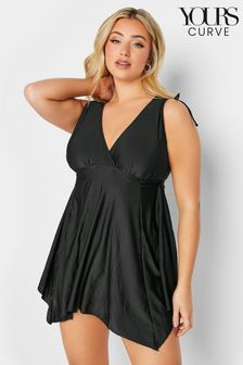 Yours Curve Black Drawstring Shoulder Plunge Bust Support Swimdress (Q37902) | €26