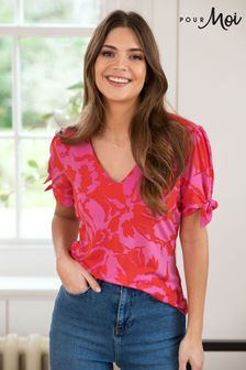 Pour Moi Red/ Pink Bella V Neck Slinky Recycled Stretch Top (Q38009) | €36