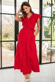 Pour Moi Red Esme Cotton Poplin Fluted Sleeve Wrap Midi Dress (Q38012) | €33
