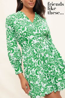 Friends Like These Green Paisley Godet Buckle Belted Long Sleeve Shirt Dress (Q38081) | €71