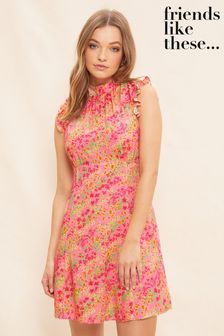 różowe kwiatki - Friends Like These Sleeveless Frill Ruffle High Neck Mini Dress (Q38107) | 99 zł