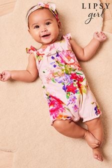 Lipsy Pink Baby Jersey Frill Short Romper With Headband (Q38161) | TRY 414 - TRY 460