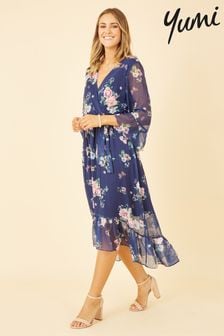 Yumi Blue Multi Floral Wrap Dress With Dipped Hem (Q38216) | $112