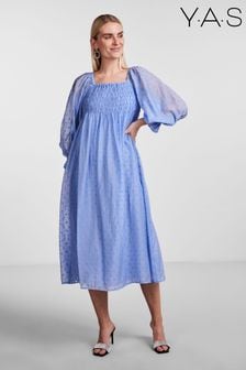 Y.A.S Light Blue Dodo Polka Dot Smocked Midi Dress (Q38328) | €33