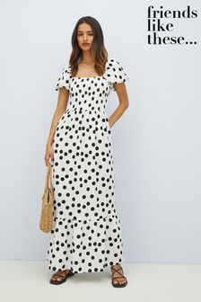 Friends Like These Ivory Spot Puff Sleeve Square Neck Jersey Maxi Dress (Q38415) | €23
