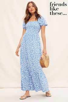 Friends Like These Blue Floral Puff Sleeve Square Neck Jersey Maxi Dress (Q38416) | LEI 239
