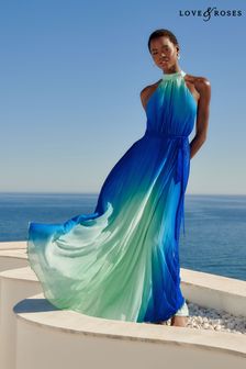 Love &; Roses Mavi Ombre Baskılı Halter Pileli Kemerli Maxi Elbise (Q38451) | ₺ 1,510