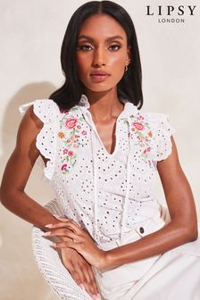 Lipsy White Embroidery Pretty Frill Neck Tie Ruffle Short Sleeve Shell Top (Q38527) | €20.50