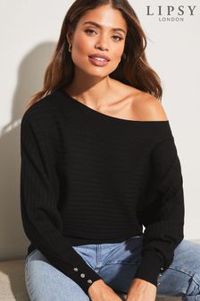 Lipsy Black Petite Ribbed Off The Shoulder Knitted Jumper (Q38619) | kr520