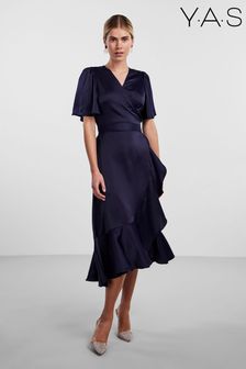 Y.A.S Satin Short Sleeve Wrap & Ruffle Midi Occasion Dress