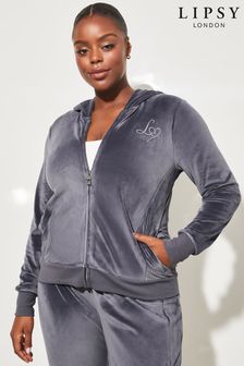 Lipsy Grey Curve Embroidered Patch Velour Zip Up Hoodie (Q38815) | INR 2,818