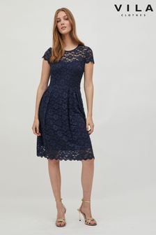 VILA Navy Blue Short Sleeve Lace Pleated Occasion Dress (Q38837) | LEI 227
