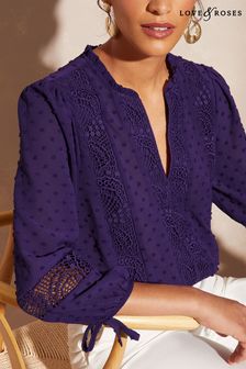 Пурпурный - Love & Roses блузка в горошек с кружевной отделкой и завязкой на рукавах 3/4 (Q39248) | €24