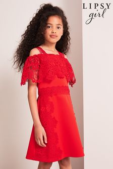 Lipsy Red Lace Mix Scuba Occasion Dress (Q39265) | €25 - €29